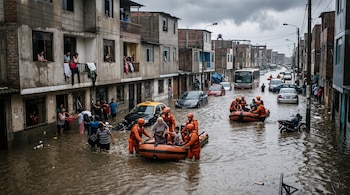 Rescatistas en botes de goma naranjas trasladan a varias personas por una calle inundada rodeada de edificios y vehículos sumergidos.