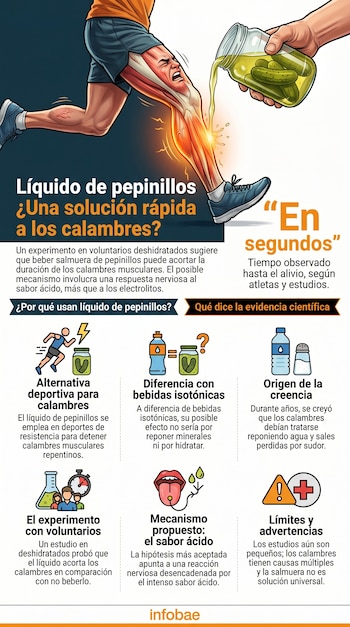 Ilustración de un hombre con calambre en la pierna, una mano vertiendo líquido de pepinillos de un frasco y una infografía con textos e íconos explicativos.