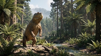 Dinosaurio marrón robusto, de pie sobre rocas junto a un arroyo. Bosque denso de helechos y árboles altos. Montañas brumosas en el fondo.