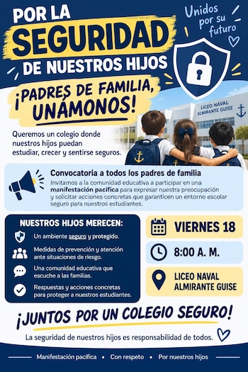 Afiche azul y amarillo con texto sobre seguridad escolar, la figura de un candado y tres niños de espalda frente a un colegio