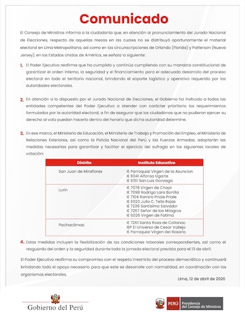 Ejecutivo ordenó atender con carácter prioritario los requerimientos del JNE para el desarrollo de las Elecciones 2026 este lunes 13 de abril.