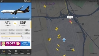 Captura de pantalla de la aplicación Flightradar24, mostrando un Boeing 767 de UPS y un mapa con múltiples iconos de aviones cerca del aeropuerto de Louisville