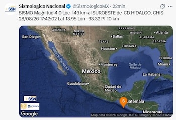 Sismo de 4.0 en Ciudad Hidalgo , Chiapas. (X/ @SismologicoMX)