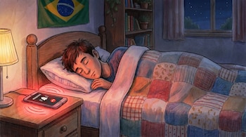 Joven durmiendo en cama con edredón de retazos. Celular con pantalla "Ringing" y lámpara en mesa de noche. Bandera de Brasil, estantería y ventana nocturna.