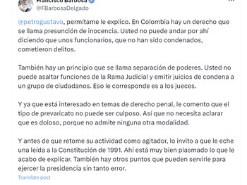 El exfiscal General de la Nación Francisco Barbosa instó al presidente Gustavo Petro a leer la Constitución - crédito @FBarbosaDelgado/X