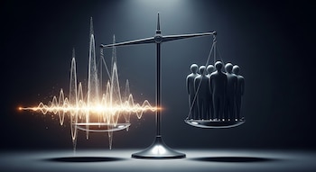 Ilustración de una balanza judicial moderna con ondas de voz luminosas en un platillo y figuras humanas abstractas en el otro, sobre un fondo oscuro.
