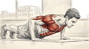 Ilustración detallada de un hombre haciendo flexiones en una colchoneta, con los músculos del pecho, hombros, tríceps y abdomen resaltados en rojo. Fondo de edificios esbozados.