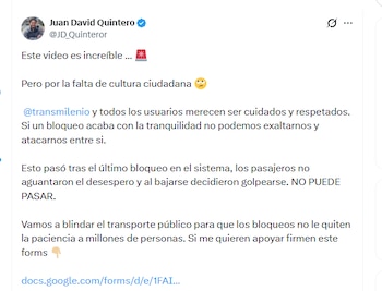El concejal Juan David Quintero criticó falta de cultura ciudadana en Transmilenio - crédito @JD_Quinteror/X
