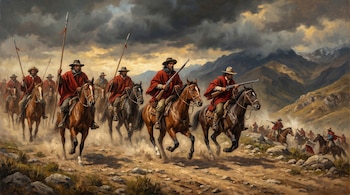 Pintura realista de jinetes con ponchos rojos y sombreros, portando lanzas y fusiles, cabalgando en un terreno andino polvoriento bajo un cielo nublado y dramático.