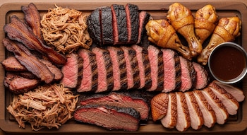 Tabla de madera con diversos cortes de carne: res rebanada, cerdo desmenuzado, tocino, muslos de pollo, pato rebanado y una taza de salsa.