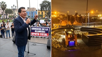 Imagen dividida: Carlos Álvarez habla por micrófono en una plaza con público. A la derecha, una cargadora compacta remueve escombros de noche en un espacio urbano.