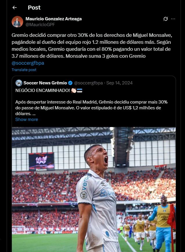 Aunque también manejó la información un tiempo atrás de que en caso de que Gremio de Porto Alegre quisiera comprar un porcentaje más por el paso del jugador, lo podría hacer-crédito @MauricioGPF/X