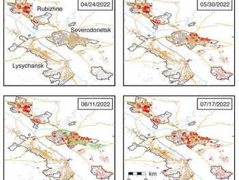 Los cambios en los datos de radar durante las batallas de Rubizhne, Sievierodonetsk y Lisychansk muestran un aumento de la destrucción. Las zonas urbanas se muestran en gris con los daños en rojo. (Xu et al. (2024), CC BY-NC-ND)