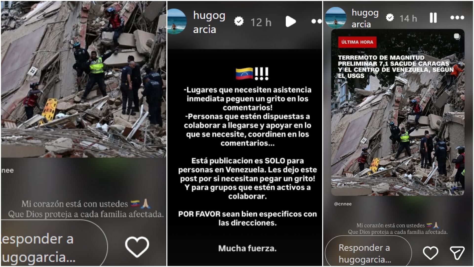 Publicaciones solidarias de Hugo García tras terremoto en Venezuela. IG