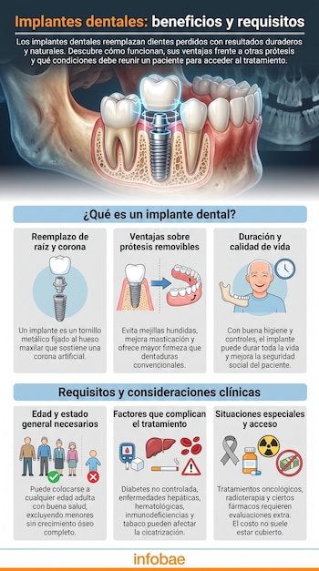 Infografía de implantes dentales. Ilustración de un implante en mandíbula, prótesis, personas, símbolos de salud, riesgos y costos. Fuente: Infobae.