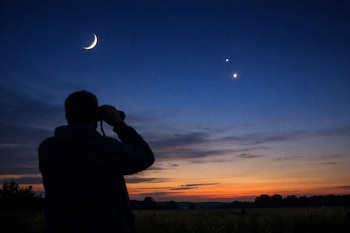 Silueta de persona de espaldas con binoculares, observando un cielo crepuscular con una Luna creciente, Venus y Júpiter brillantes sobre un horizonte.