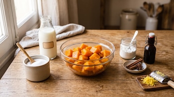 Un recipiente de vidrio con cubos de calabaza rodeado por leche, azúcar, maicena, especias y ralladura de limón sobre una mesa de madera.