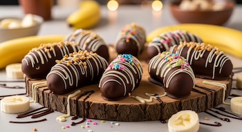 Varias chocobananas cubiertas de chocolate, con decoraciones de grageas de colores y trozos de frutos secos, se muestran en una tabla de madera rústica.