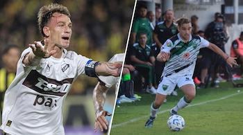 Imagen dividida de dos futbolistas: el de la izquierda, en primer plano, con camiseta blanca y marrón gesticulando; el de la derecha, corriendo con un balón.