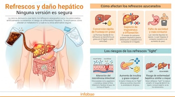 Infografía detallada de un torso humano mostrando el impacto de refrescos azucarados y 'light' en el hígado, estómago e intestinos, con gráficos sobre mecanismos de daño.