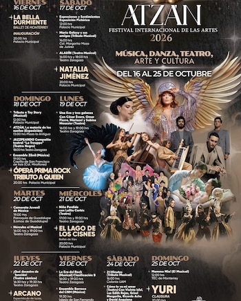 Cartel publicitario con la agenda diaria del Festival Atzán 2026 junto a fotografías de varios artistas sobre el escenario
