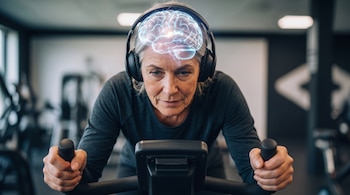 Una mujer con auriculares monta una bicicleta estática con una figura luminosa de un cerebro humano sobre su cabeza.