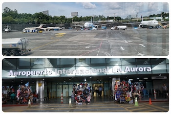 Dos fotografías en vertical muestran un área de pistas con aviones y la fachada del Aeropuerto Internacional La Aurora con puestos de artesanías.