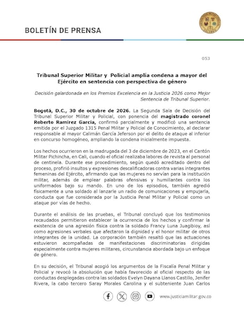El Tribunal Superior Militar y Policial amplió a 16 meses de prisión la condena contra el mayor del Ejército Calimán García Jeferson, al declararlo responsable de varios episodios de agresión física y verbal contra militares bajo su mando en el Cantón Militar Pichincha, en Cali - crédito @JPMP_Colombia/X