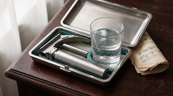 Estuche metálico abierto que contiene un laringoscopio, junto a un vaso transparente de agua y una partitura sobre una mesa de madera.
