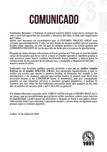 Comunicado de barristas de Sport