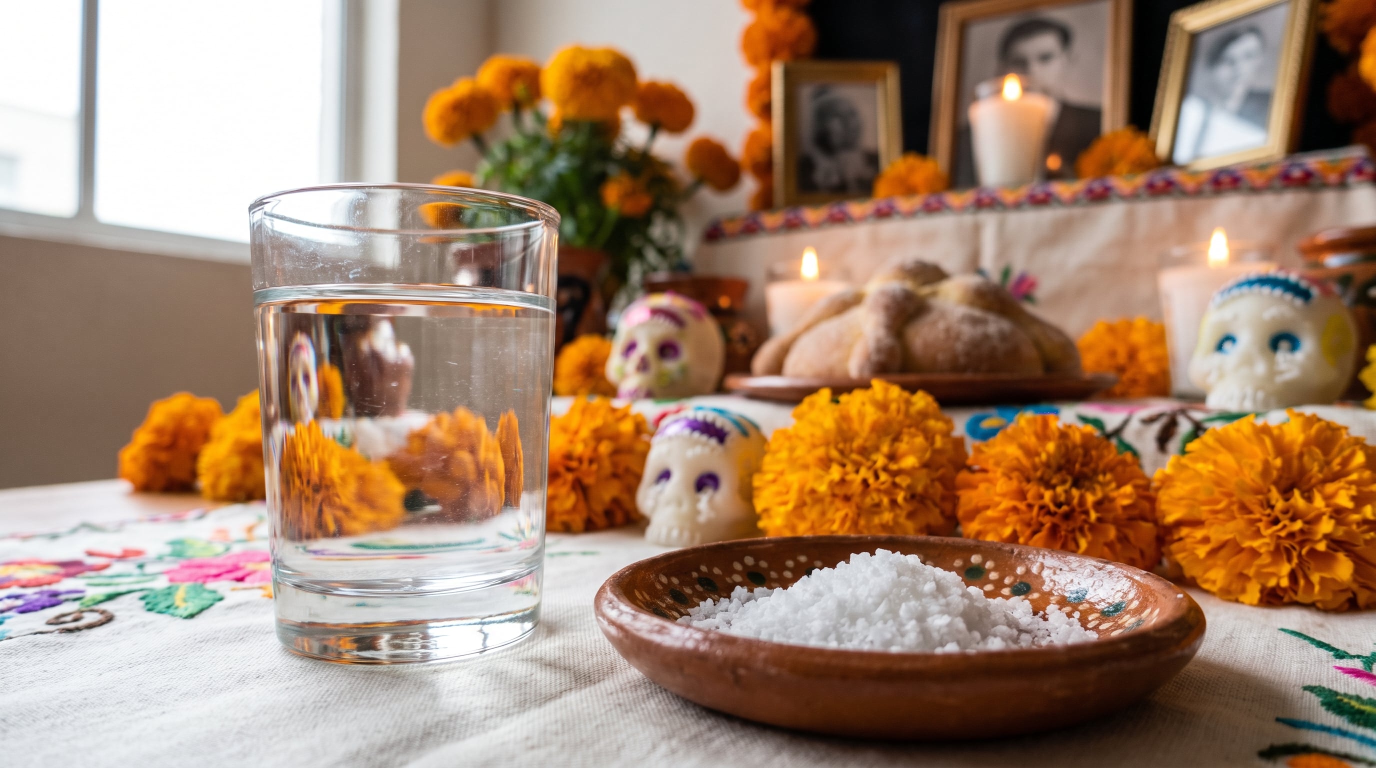 Cada elemento de la ofrenda cumple una función ritual distinta: purificar el cuerpo, calmar la sed del viaje, iluminar el camino de regreso y marcar el sendero hacia el altar familiar. (Imagen Ilustrativa Infobae)