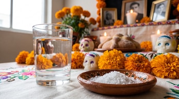 Un vaso con agua y un plato con sal descansan frente a flores de cempasúchil, calaveras de azúcar, pan de muerto y velas encendidas.