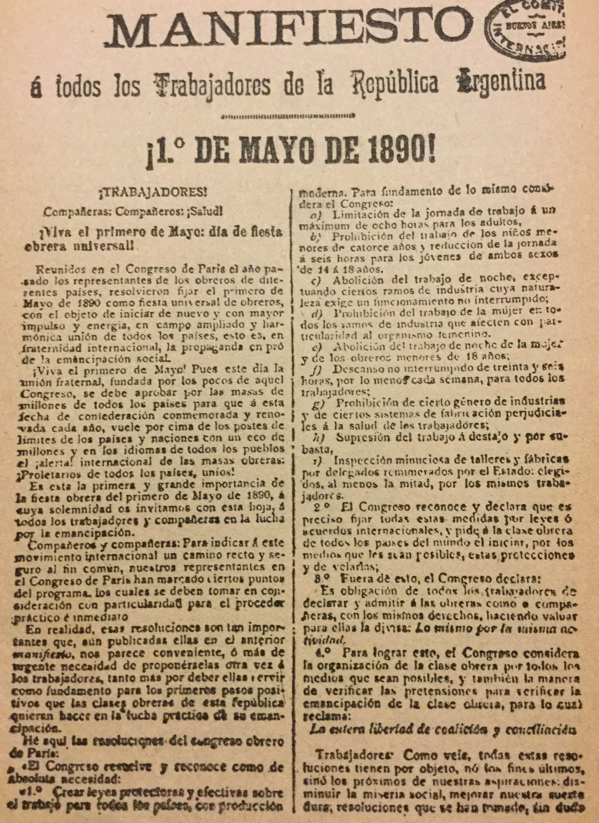 Manifiesto dado a conocer el 1 de mayo de 1890, la primera vez que se conmemoró en el país el Día del Trabajador