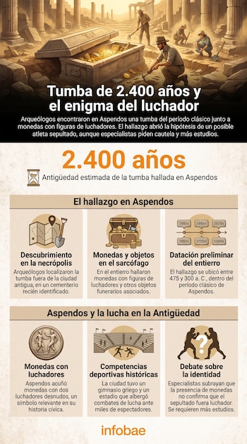 Ilustración de arqueólogos en ruinas excavando un sarcófago con tesoros; infografía con detalles sobre una tumba en Aspendos, Turquía, y luchadores.