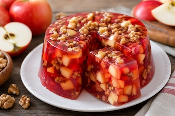 Gelatina roja con trozos de manzana y nueces sobre un plato blanco, junto a manzanas enteras y nueces sobre una mesa de madera.