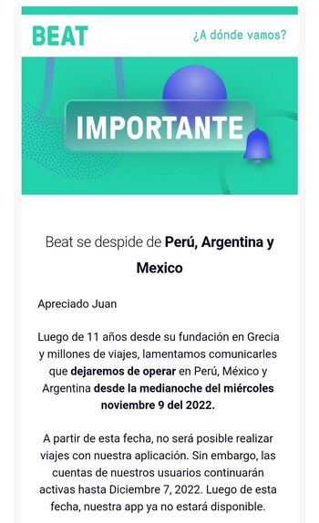 Beat dejará de operar en