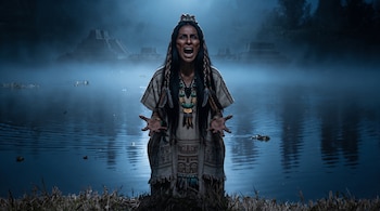 Una mujer con vestimenta tradicional indígena grita con las manos abiertas frente a un lago con neblina y pirámides de fondo.
