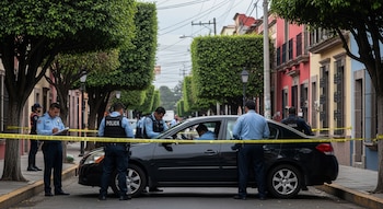Varios oficiales de policía examinan un coche oscuro estacionado en una calle con cinta amarilla de escena del crimen, rodeado de árboles y edificios.