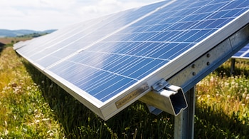 Un panel solar con la inscripción «Energía Agrícola» sobre una estructura metálica en un campo con hierba y colinas al fondo.