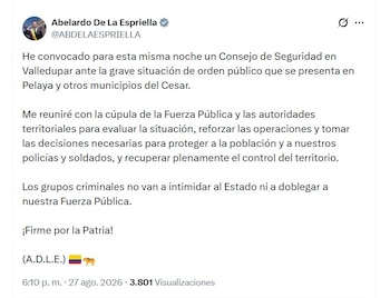 El presidente Abelardo de la Espriella convocó un Consejo de Seguridad extraordinario en Valledupar - crédito @ABDELAESPRIELLA/X