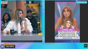 Pantalla dividida con Yahaira Plasencia sentada ante un micrófono a la izquierda y un video de Magaly Medina con texto superpuesto a la derecha