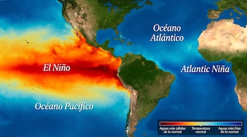 Mapa satelital de América y océanos Pacífico y Atlántico. Colores rojo, naranja, azul representan temperaturas del agua. Textos: El Niño, Atlantic Niña y leyenda.