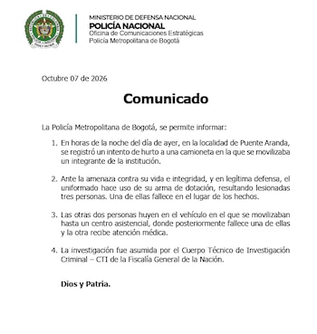 La Policía aseguró que la actuación del uniformado se dió en legítima defensa - crédito Policía