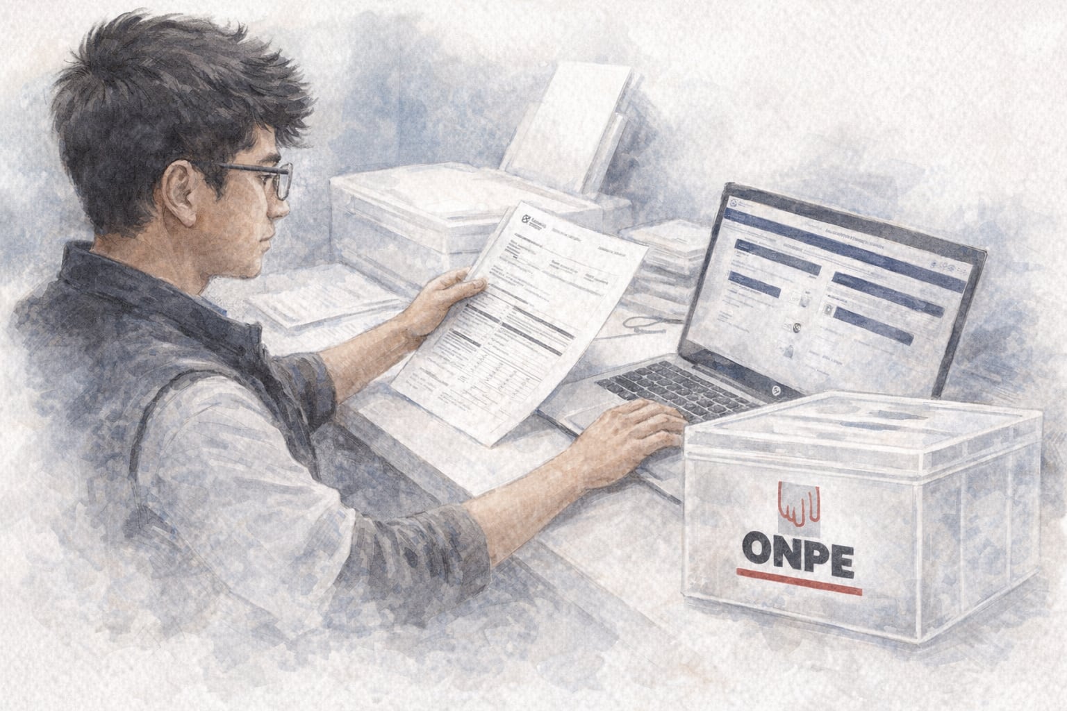 Un trabajador de la ONPE revisa una hoja de resultados electorales y opera una laptop, junto a una urna transparente, simbolizando la transparencia en el proceso electoral. (Imagen Ilustrativa Infobae)