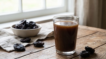 Copo de suco, tigela de ameixas secas em linho e ameixas gratuitas na mesa de madeira.
