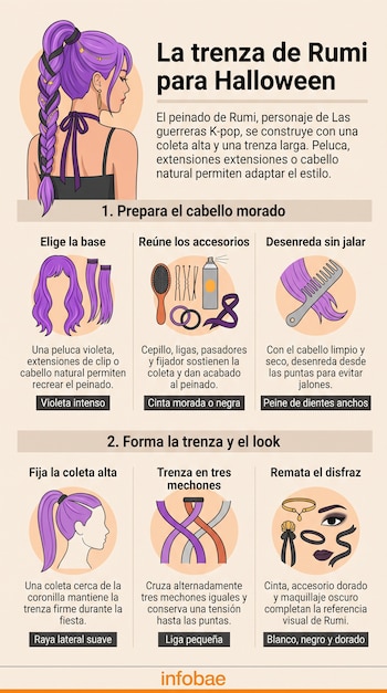Infografía con ilustraciones de una mujer de cabello morado, pasos para peinar una trenza, peines, ligas y accesorios de maquillaje.