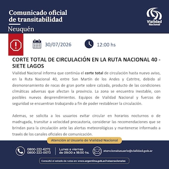 Captura de pantalla de comunicado oficial de Vialidad Nacional. Informa sobre el corte de la Ruta Nacional 40, Neuquén, el 30 de julio de 2026