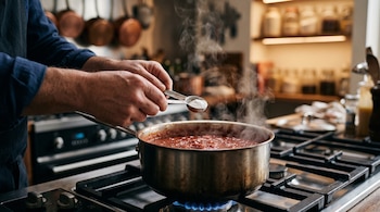 Manos sujetan una cuchara medidora con polvo blanco sobre una olla con salsa roja que se cocina en una estufa.
