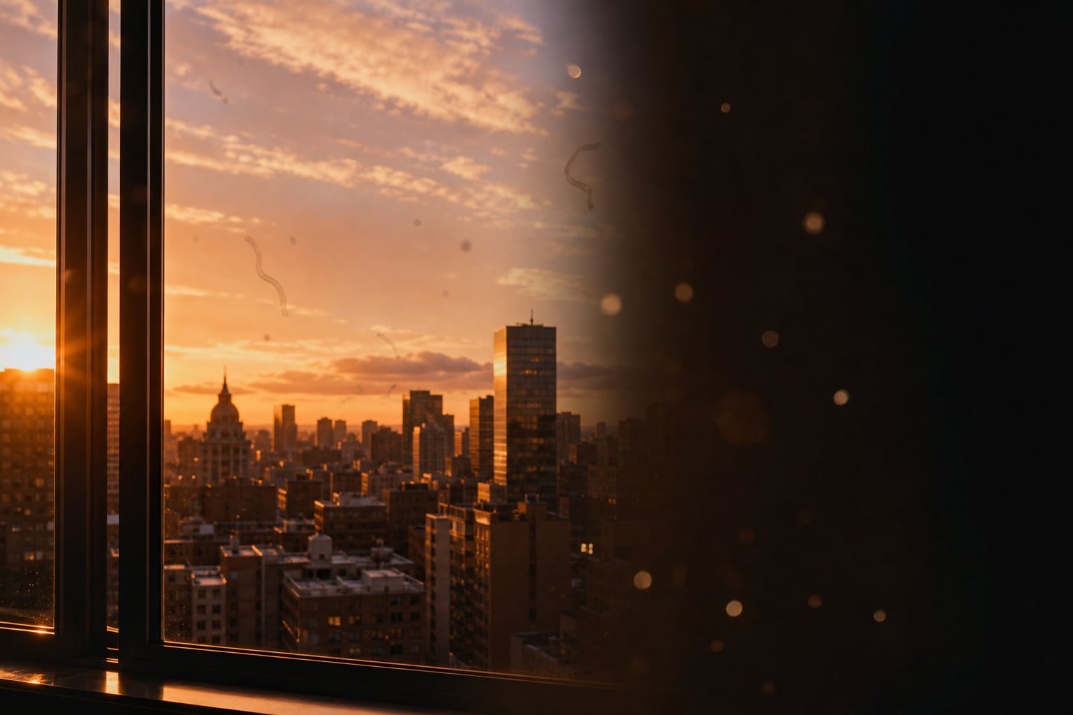 Una simulación visual recrea la percepción de destellos, sombras y moscas volantes sobre un paisaje urbano durante el atardecer. (Imagen Ilustrativa Infobae)