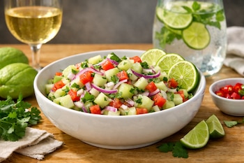 Bol blanco con ceviche de chayote, tomate, cebolla y cilantro. Vaso de vino, jarra de agua con lima. Dos chayotes, chiles y rodajas de lima.